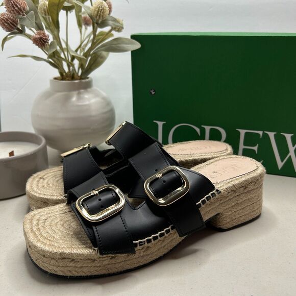 J. Crew Block-Heel Espadrille Sandals Leather Raffia Slip-on Black Women's 9 NWB - Picture 4 of 12